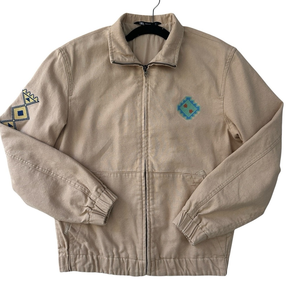 Zara Beige Bomber Jacket with Teal & Yellow Embroidery